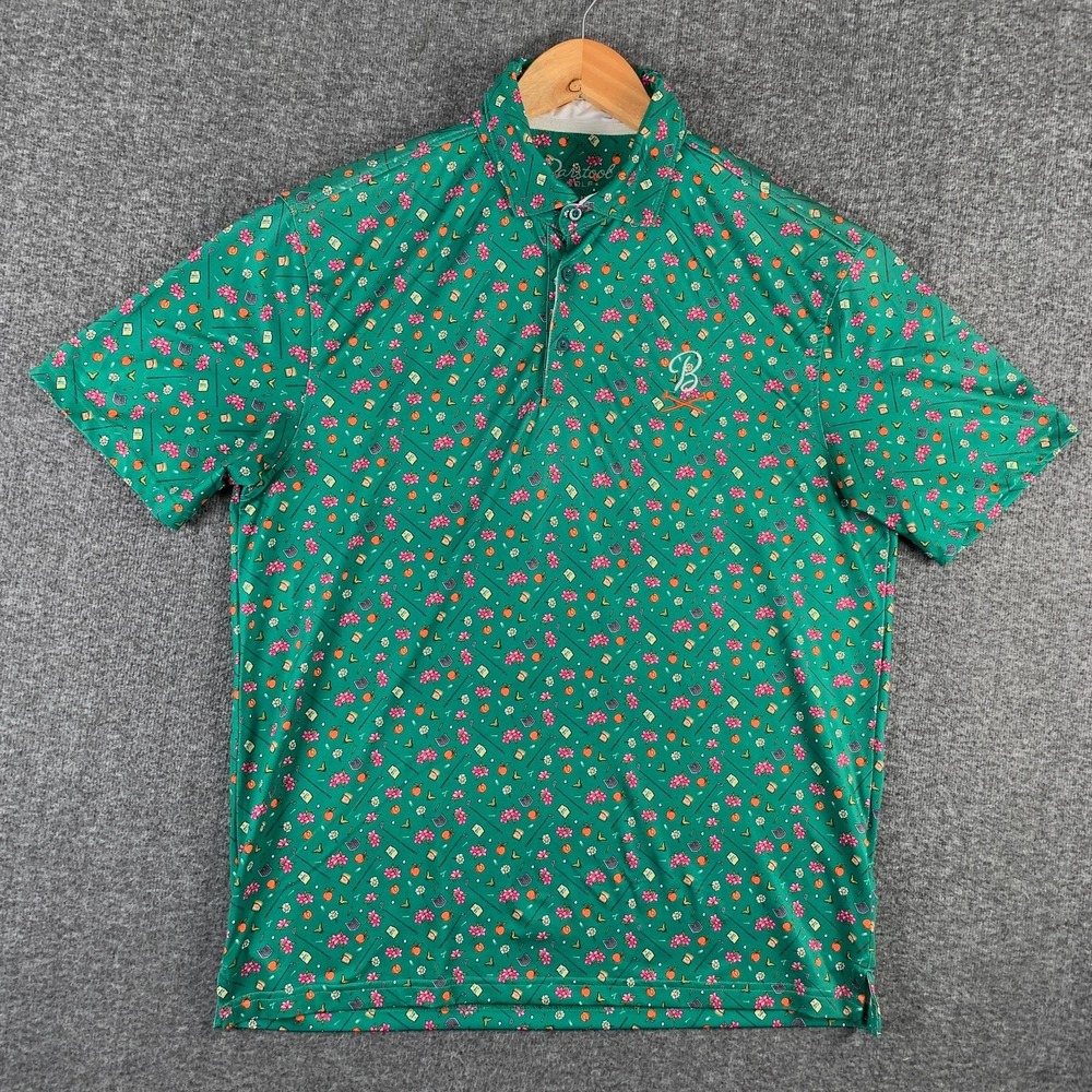 Barstool Golf Polo Men Medium Green AOP Geometric Floral Performance Stretch